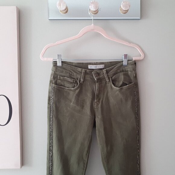 EUC Zara olive khaki skinny cropped ankle washed look sparkle side stripe jeans - Picture 7 of 13